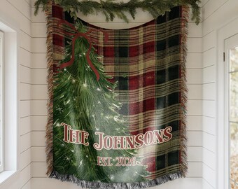 Personalized Christmas Woven Blanket, Custom Family Name Throw, Christmas Tree Blanket, Plaid Holiday Decor, Housewarming Gift, EST Year