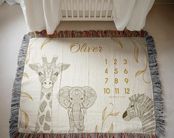 Customized Safari Baby Month Blanket Safari Woven Blanket for Baby Shower Safari Milestone Baby Boy Jungle Theme Nursery Safari Nursery Boy