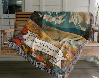Custom Outdoorsy Couple Blanket Nature Lovers Gift Adventure Couples Woven Throw with Mountains and Wildflowers Couple Names Wedding Gift