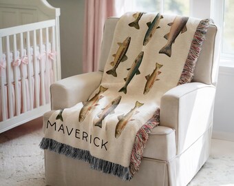 Customized Rainbow Trout Blanket Fishing Blanket Boys Fish Name Blanket Fishing Baby Blanket Trout Woven Blanket Fishing Gifted Baby Shower