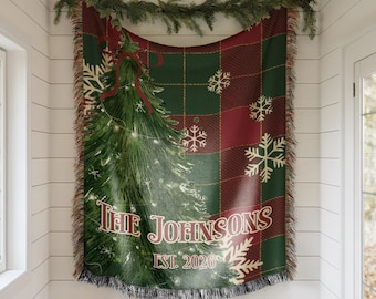 Personalized Christmas Woven Blanket, Custom Family Name Throw, Christmas Tree Blanket, Plaid Holiday Decor, Housewarming Gift, EST Year