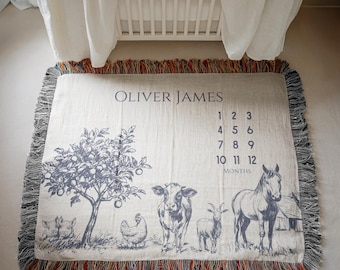 Vintage Farm Milestone Blanket Farm Theme Baby Month Blanket Farm Nursery Decor Farm Baby Shower Gift Farming Woven Blanket Farming Nursery
