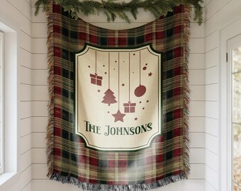 Personalized Christmas Woven Blanket, Custom Family Name Throw, Christmas Tree Blanket, Plaid Holiday Decor, Housewarming Gift, EST Year