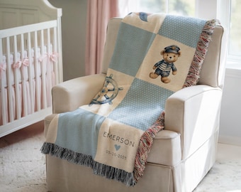 Personalized Ocean Baby Woven Blanket Sea Life Throw Gift Baby Shower Nautical Blanket for Nursery Decor Cute Ocean Decor Nautical Baby Gift