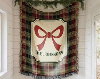 Personalized Christmas Woven Blanket, Custom Family Name Throw, Christmas Tree Blanket, Plaid Holiday Decor, Housewarming Gift, EST Year