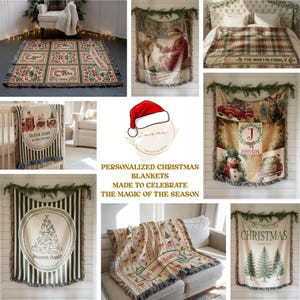 May include: A collection of woven throw blankets featuring various Christmas-themed designs, including Santa Claus, reindeer, snowmen, pine trees, and plaid patterns. Several blankets display personalized text such as family names and dates.