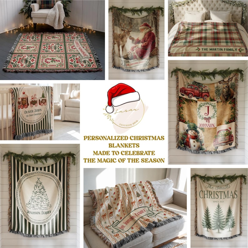 May include: A collection of woven throw blankets featuring various Christmas-themed designs, including Santa Claus, reindeer, snowmen, pine trees, and plaid patterns. Several blankets display personalized text such as family names and dates.