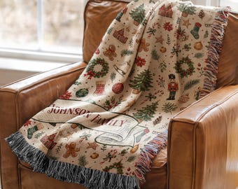 Personalized Christmas Blanket Family Christmas Gift Family Name Blanket for Xmas Gifts Christmas Woven Blanket Xmas Decoration Family Gift