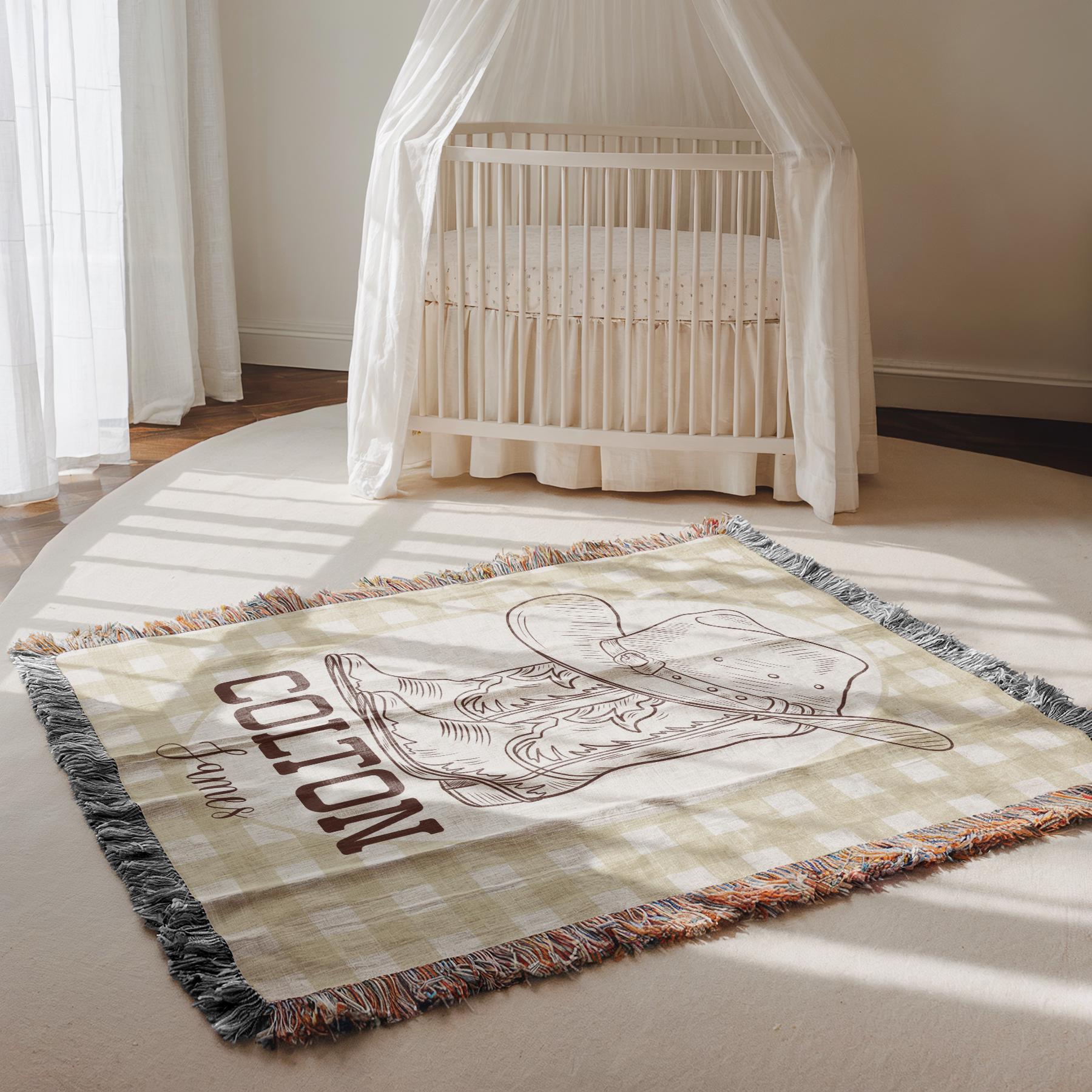 Personalized Cowboy Woven Baby Blanket, Western Cowboy Boys Blanket, Heirloom Blanket, Newborn Name Blanket, Baby Name Woven Throw Blanket