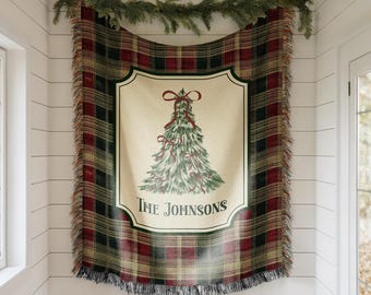Personalized Christmas Woven Blanket, Custom Family Name Throw, Christmas Tree Blanket, Plaid Holiday Decor, Housewarming Gift, EST Year