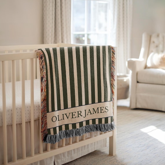Personalized Stripes Baby Blanket Custom Name Blanket Baby Classic Nursery Decor Newborn Name Blanket Baby Shower Gift Striped Baby Blanket