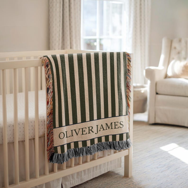 Personalized Baby Name Blanket, Blue Striped Blanket, Classic Nursery Decor, Preppy Baby Blanket, Boy Nursery Gift, Woven Throw Blanket Green