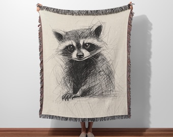 Racoon Woven Blanket, Feral Raccoon Drawing Gift, Raccoon Throw Gift, Woven Blanket Raccoon Lover Gift, Ferall Girl Gift, Raccoon Lovers