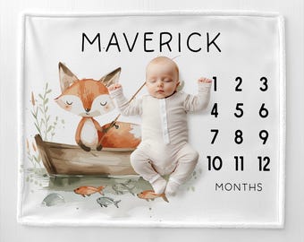 Personalized Fishing Fox Monthly Blanket Fishing Baby Boy Milestone Fishing Baby Nursery Decor Baby Shower Fishing Theme Fishing Baby Gift