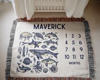 Customized Ocean Baby Month Blanket Sea Animals Woven Blanket Baby Shower Gift Under the Sea Milestone Ocean Life Ocean Nursery New Mom Gift
