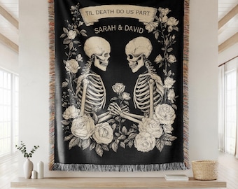 Custom Skeleton Couple Till Death Woven Blanket Til Death Blanket Lovers Wedding Blanket Spooky Goth Couple Halloween Gift Anniversary Gift