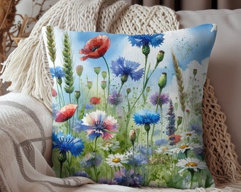 Watercolor Wildflowers Throw Pillow Mother's day gift, Floral Accent Pillow, Cottagecore Decor, Floral Summer decor, Wildflower pillow cover