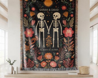 Custom Skeleton Couple Till Death Woven Blanket Til Death Blanket Lovers Wedding Blanket Spooky Goth Couple Halloween Gift Anniversary Gift