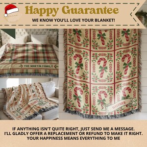 May include: A woven throw blanket featuring a repeating pattern of red and white candy canes with green holly leaves and berries. The blanket includes a banner with the name MAVERICK printed on it and has a fringed edge on the bottom.