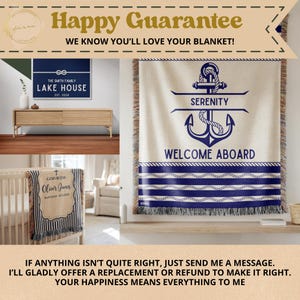 May include: A woven throw blanket featuring a large navy blue anchor graphic, the text "SERENITY" and "WELCOME ABOARD," and a bottom border of navy blue and white stripes with rope detailing. The blanket has a fringed edge on the sides.