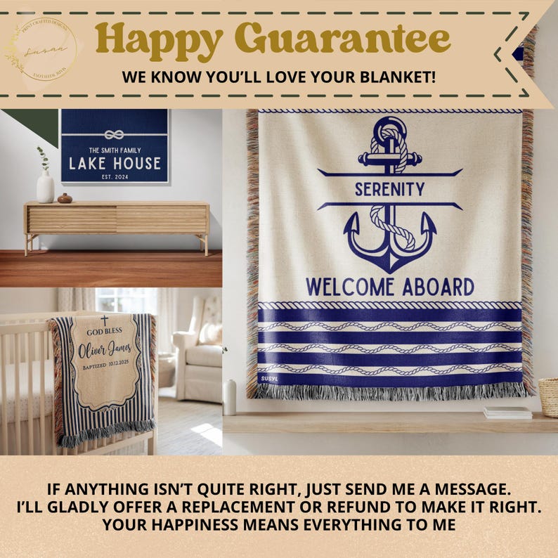 May include: A woven throw blanket featuring a large navy blue anchor graphic, the text "SERENITY" and "WELCOME ABOARD," and a bottom border of navy blue and white stripes with rope detailing. The blanket has a fringed edge on the sides.