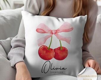 Personalized Cherry Bow Throw Pillow for coquette room decor, Girly pillow preppy room decor, Pillow decorative name, Mother's day pillow