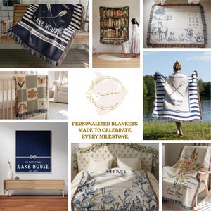 May include: A collection of woven throw blankets featuring various personalised designs, including lake house themes with oars, floral patterns, farm animal illustrations, and botanical prints, all finished with decorative fringe edges.