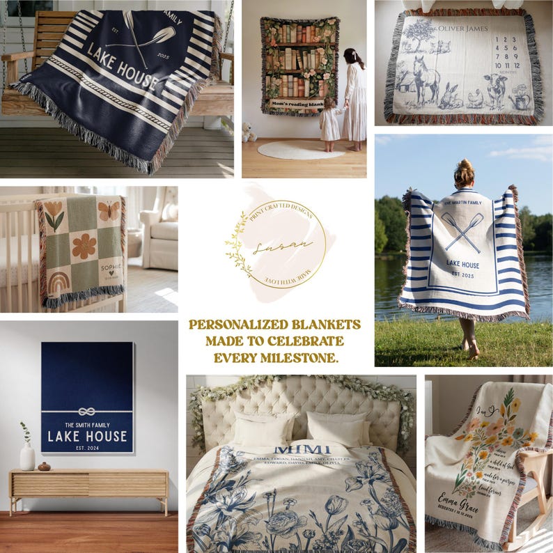 May include: A collection of woven throw blankets featuring various personalised designs, including lake house themes with oars, floral patterns, farm animal illustrations, and botanical prints, all finished with decorative fringe edges.