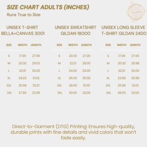 May include: Size chart for adult unisex t-shirts, sweatshirts, and long-sleeve t-shirts. The chart shows sizes from S to 3XL with corresponding width and length measurements in inches. The brands listed are Bella+Canvas 3001, Gildan 18000, and Gildan 2400.