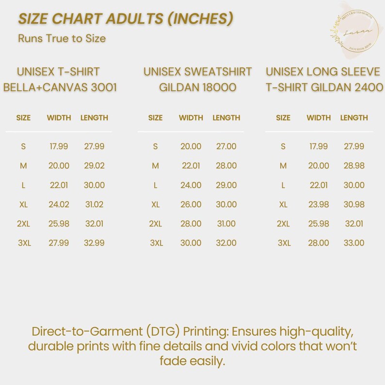 May include: Size chart for adult unisex t-shirts, sweatshirts, and long-sleeve t-shirts. The chart shows sizes from S to 3XL with corresponding width and length measurements in inches. The brands listed are Bella+Canvas 3001, Gildan 18000, and Gildan 2400.