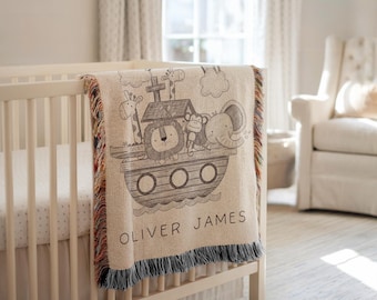 Personalized Noah's Ark Baby Blanket Gift, Noahs Ark Nursery Decor, Noah's Ark Baby Shower Gift, Baby Christening Gifts, Baptism Gift Baby