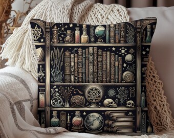 Witches Bookshelf Throw Pillow,Cozy witch witchy pillow academia decore,Dark academia house, Pillow for book lovers, Witchy pillow book nook