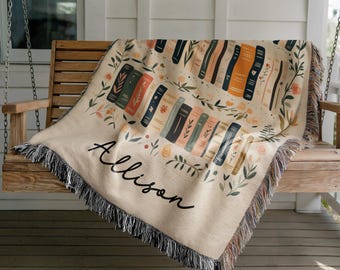 Custom Book Lovers Woven Blanket, Wildflowers Bookish Blanket, Bookshelf Blanket Gift for Bookworm, Gift for Booklover Woven Thow Blanket