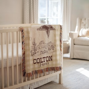 Personalized Cowboy Woven Baby Blanket, Western Cowboy Boys Blanket, Heirloom Blanket, Newborn Name Blanket, Baby Name Woven Throw Blanket