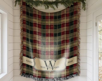 Personalized Christmas Woven Blanket, Custom Couple Blanket, Monogram Family Christmas Gift, Xmas Plaid Housewarming Gift for Married Couple