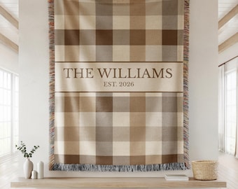 Custom Family Name Woven Blanket, Last Name Initials Blanket, Personalized Plaid Tapestry Gift for Newlyweds, New Home Housewarming Gift
