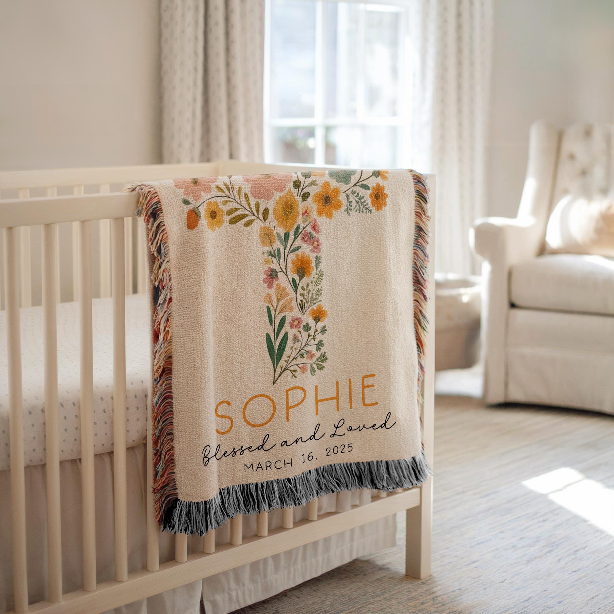 Personalized Baptism Baby Blanket Baptism Christening Blanket for Girl, Woven Baby Blanket with Floral Cross Baptism Floral Cross Baby Gift