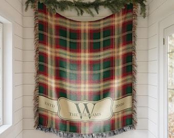 Personalized Christmas Woven Blanket, Custom Couple Blanket, Monogram Family Christmas Gift, Xmas Plaid Housewarming Gift for Married Couple