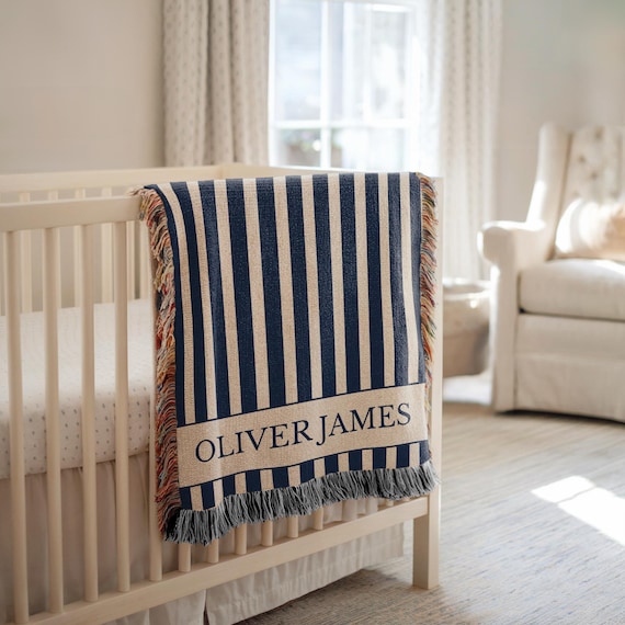 Personalized Baby Name Blanket, Blue Striped Blanket, Classic Nursery Decor, Preppy Baby Blanket, Boy Nursery Gift, Woven Throw Blanket