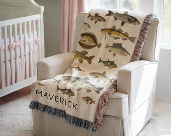 Customized Fishing Baby Blanket Fishing Blanket Boys Fish Name Blanket Fishing Baby Blanket Woven Fish Blanket Fishing Gifted Baby Shower
