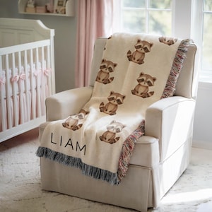 Personalized Baby Blanket Watercolor Raccoon Woven Blanket Custom Baby Name Blanket Baby Shower Gift Raccoon Nursery Decor Blanket Throw