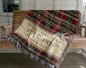 Personalized Christmas Woven Blanket, Custom Couple Blanket, Monogram Family Christmas Gift, Xmas Plaid Housewarming Gift for Married Couple