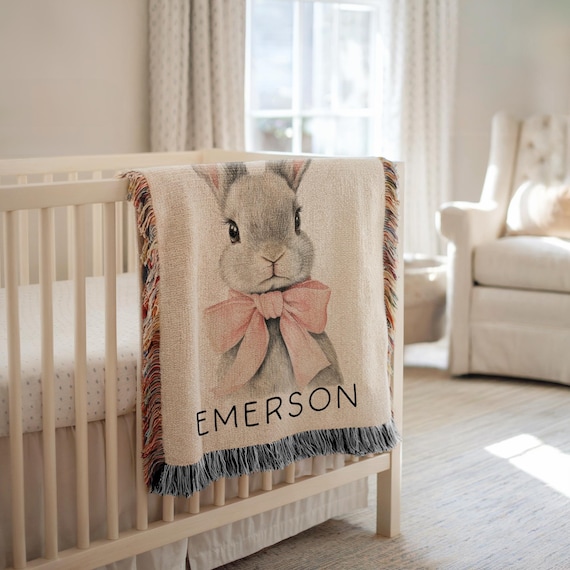 Personalized Bunny Baby Blanket Cute Bunny Woven Blanket for Girl Nursery Custom Girl Name Blanket Bunny Coquette Blanket Gift Baby Shower