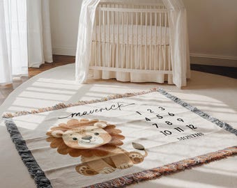 Personalized Lion Milestone Baby Blanket Lion Nursery Decor Baby Shower Gift Custom Baby Name Monthly Baby Blanket Lion Jungle Theme Nursery