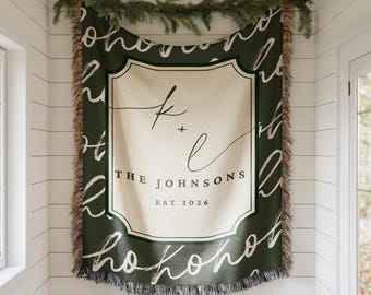 Personalized Christmas Woven Blanket, Custom Couple Blanket, Monogram Family Christmas Gift,  Xmas Housewarming Gift for Married Couple