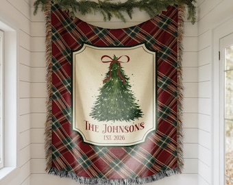 Personalized Christmas Woven Blanket, Custom Family Name Throw, Christmas Tree Blanket, Plaid Holiday Decor, Housewarming Gift, EST Year