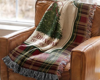 Personalized Christmas Woven Blanket, Custom Family Name Throw, Christmas Tree Blanket, Plaid Holiday Decor, Housewarming Gift, EST Year