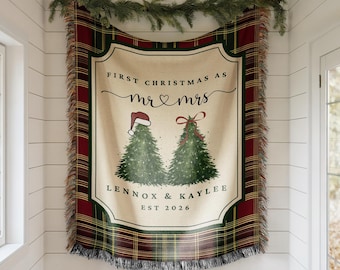Personalized Christmas Woven Blanket, Custom Couple Blanket, Monogram Family Christmas Gift, Xmas Plaid Housewarming Gift for Married Couple