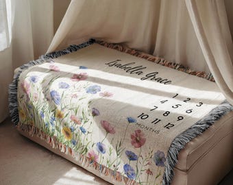 Custom Milestone Woven Blanket Girl Custom Name Blanket Wildflower New Baby Gift Girl Floral Month Blanket Personalized Baby Shower Keepsake