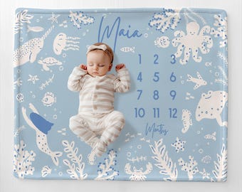Custom Ocean Baby Month Blanket Baby Shower Gift Under the Sea Milestone Ocean Life Ocean Nursery Girl Blanket Gift Girl Growth New Mom Gift
